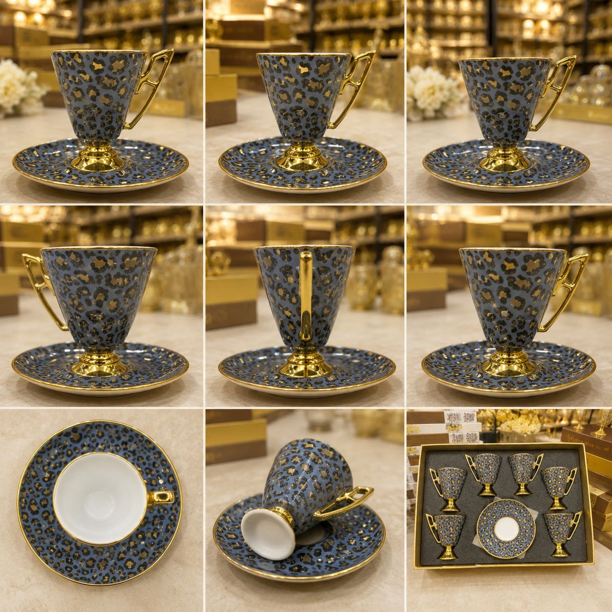 Mokka Cafe Luxuriöse Leoparden Tassen mit goldenen und silbernen Details