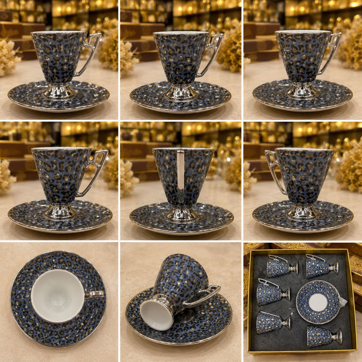 Mokka Cafe Luxuriöse Leoparden Tassen mit goldenen und silbernen Details