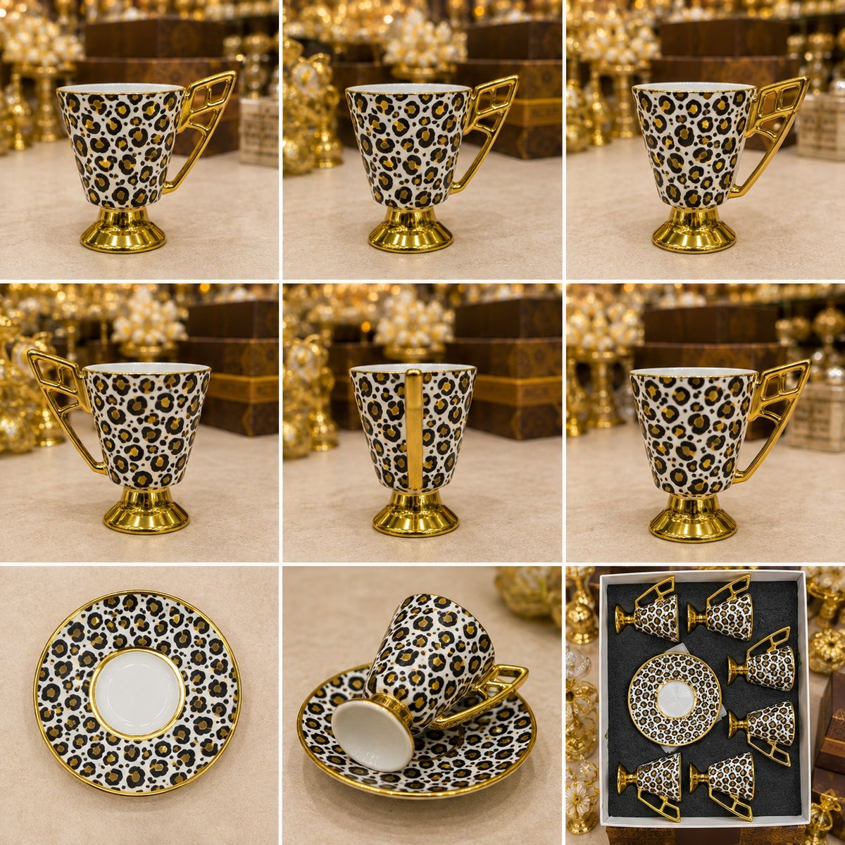 Mokka Cafe Luxuriöse Leoparden Tassen mit goldenen und silbernen Details