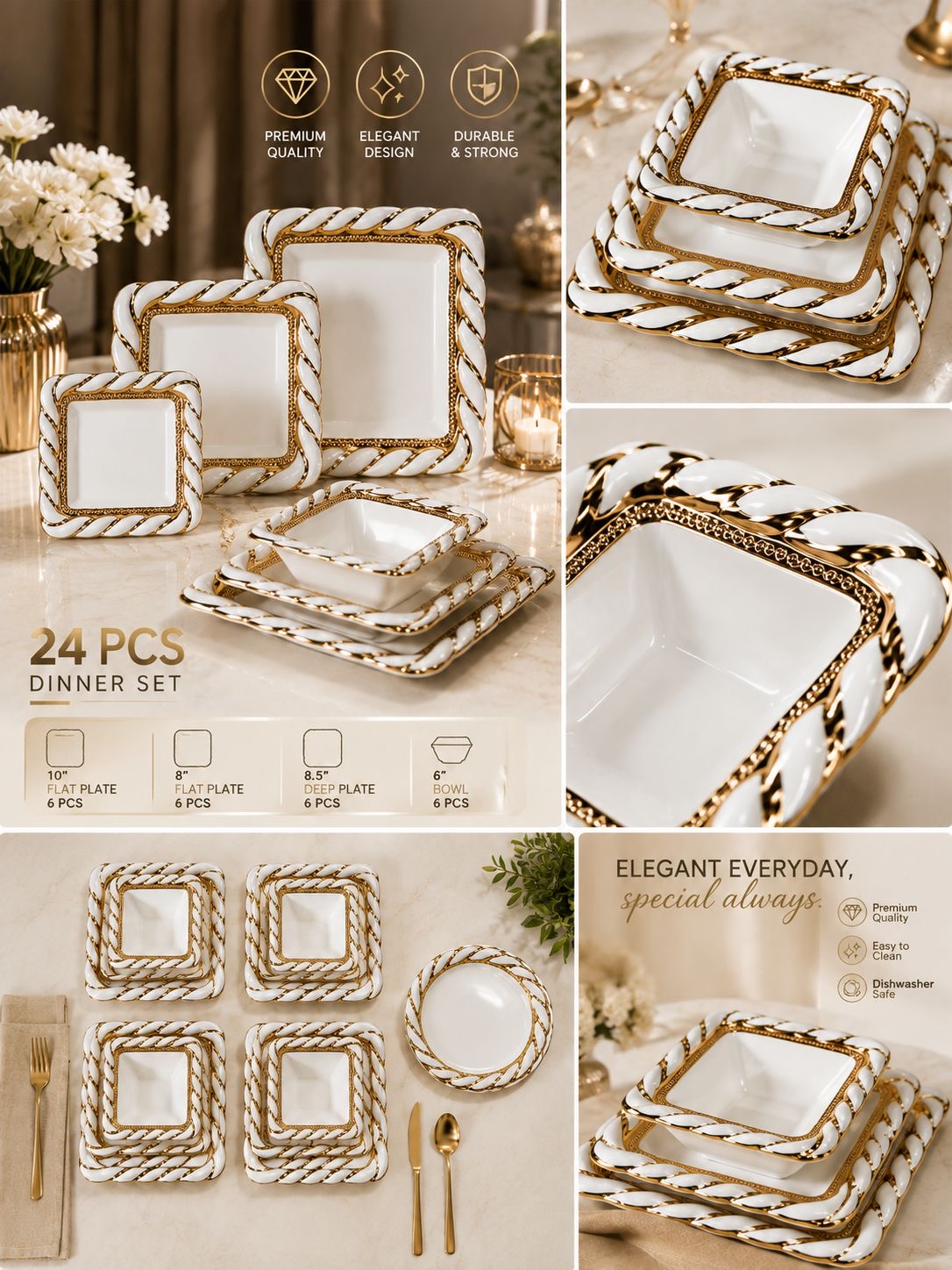 24-teiliges Tafelservice – Weiß & Gold