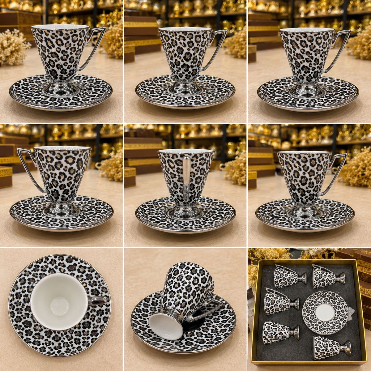 Mokka Cafe Luxuriöse Leoparden Tassen mit goldenen und silbernen Details