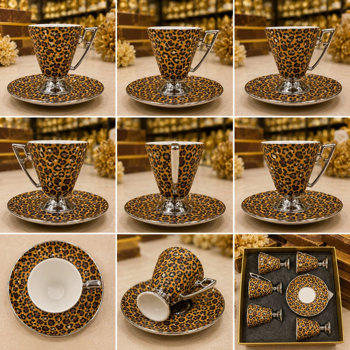 Mokka Cafe Luxuriöse Leoparden Tassen mit goldenen und silbernen Details