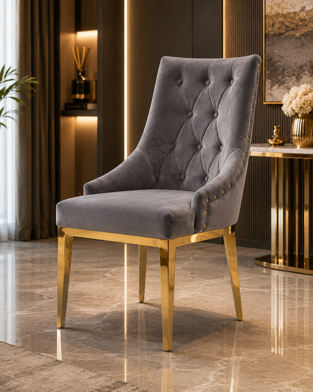 Luxuriöser Esszimmerstuhl aus Samt in Dunkelbeige mit goldfarbenem Edelstahlgestell