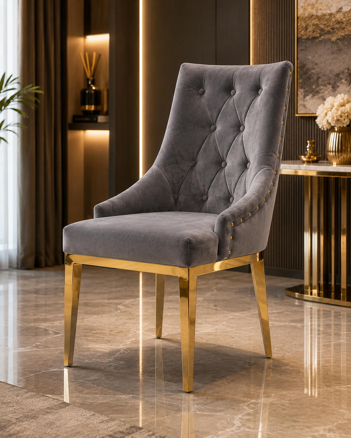 Luxuriöser Esszimmerstuhl aus Samt in Dunkelbeige mit goldfarbenem Edelstahlgestell