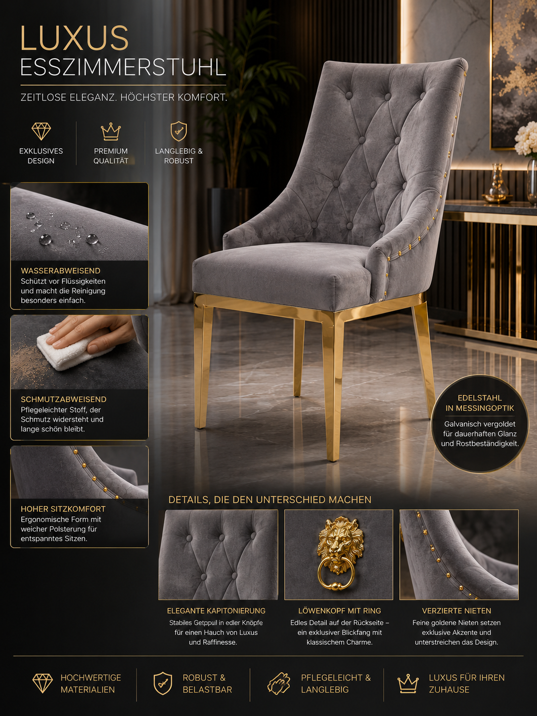 Luxuriöser Esszimmerstuhl aus Samt in Dunkelbeige mit goldfarbenem Edelstahlgestell