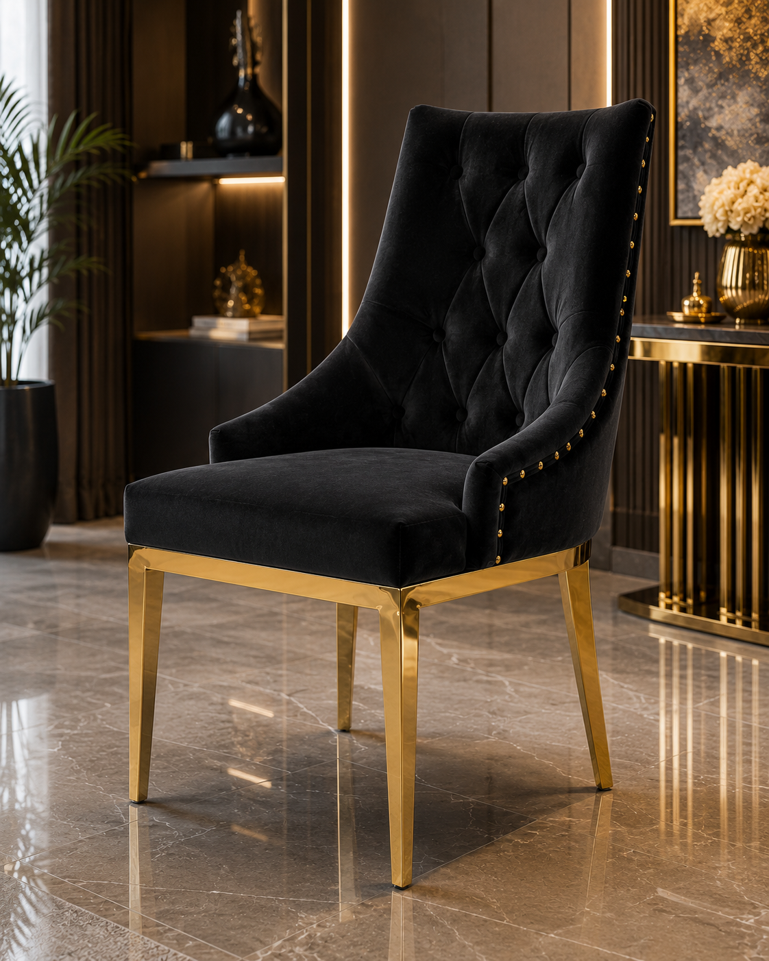 Luxuriöser Esszimmerstuhl aus Samt in Dunkelbeige mit goldfarbenem Edelstahlgestell