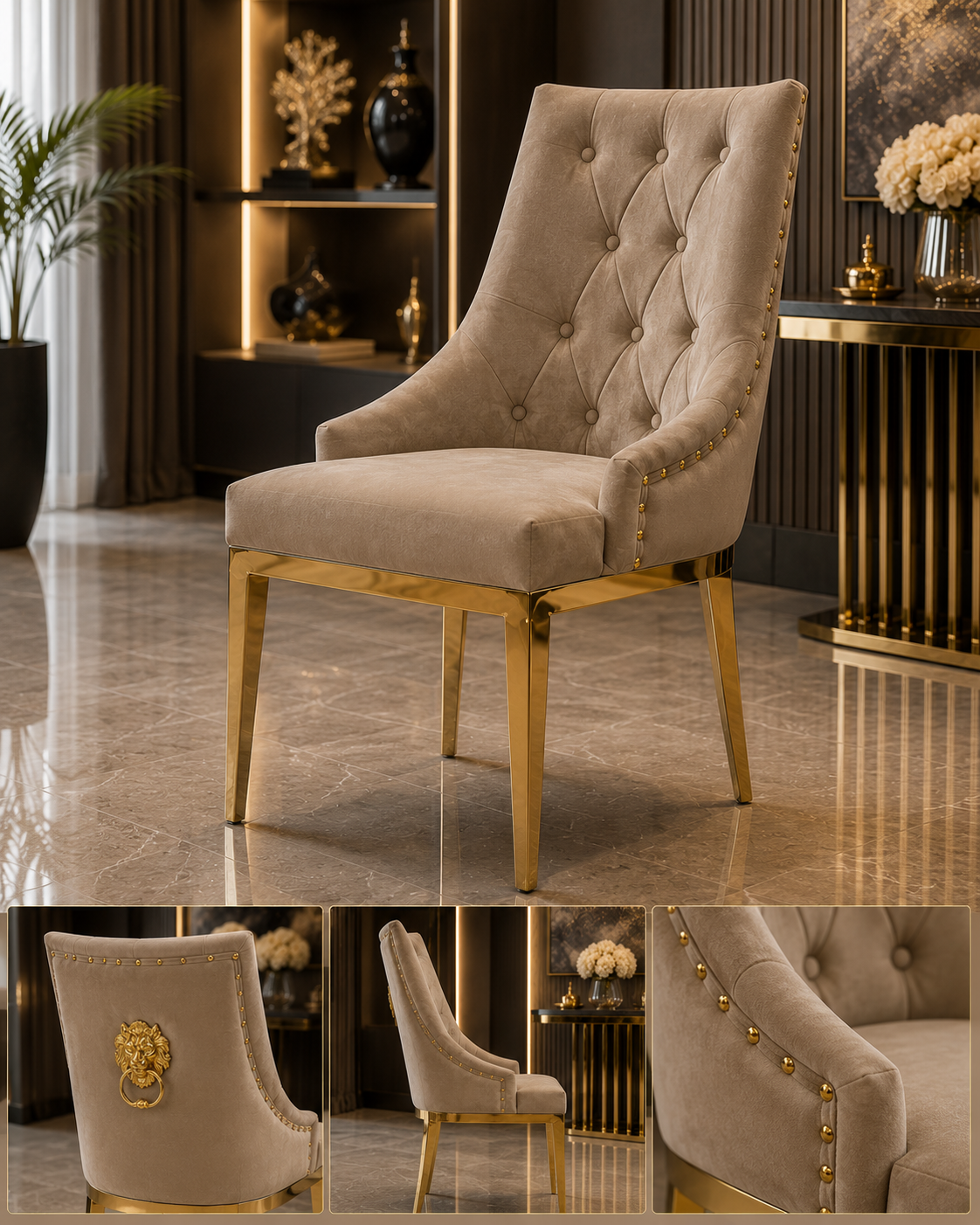 Luxuriöser Esszimmerstuhl aus Samt in Dunkelbeige mit goldfarbenem Edelstahlgestell