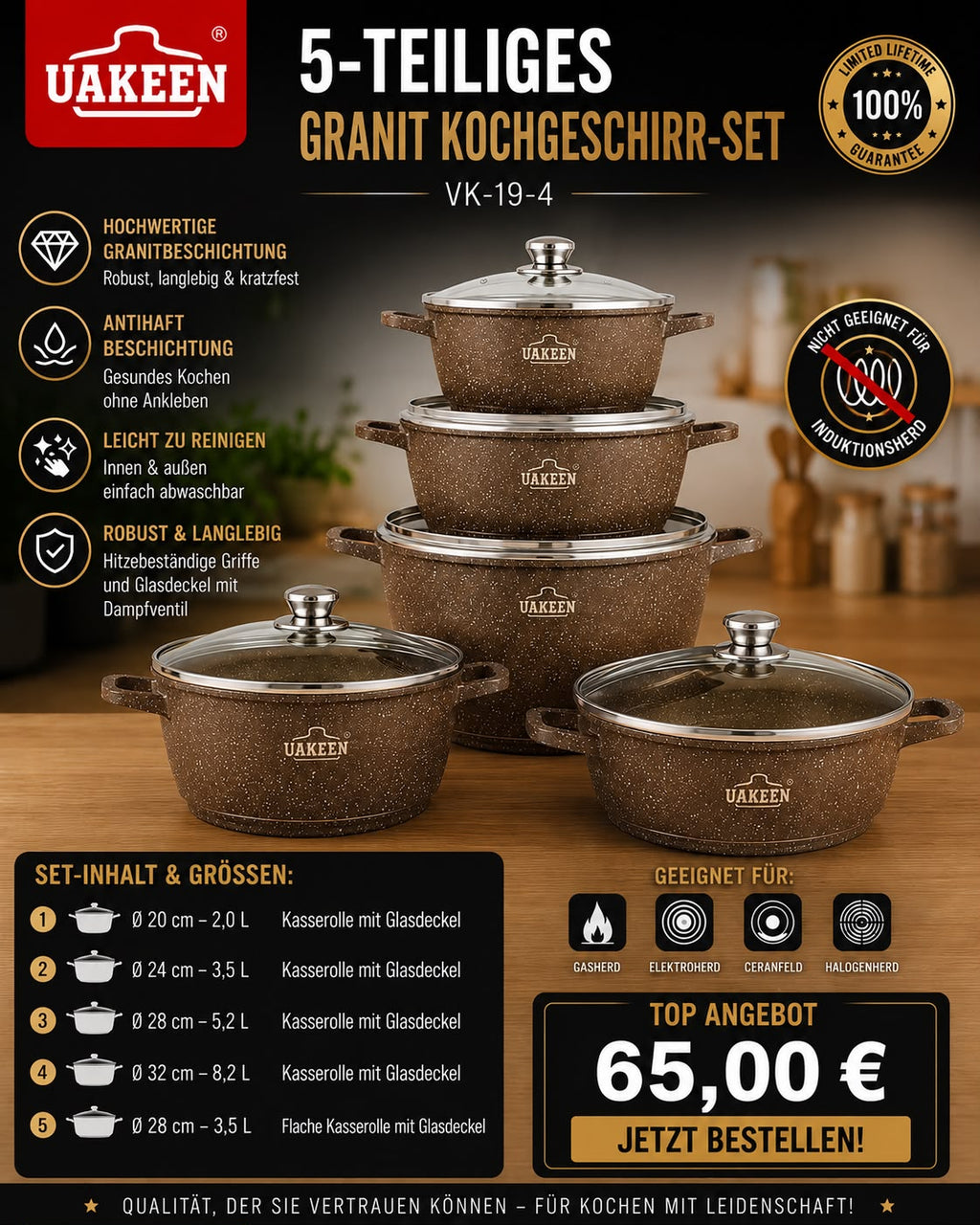 UAKEEN Premium Granit Kochgeschirr-Set – 10-teilig