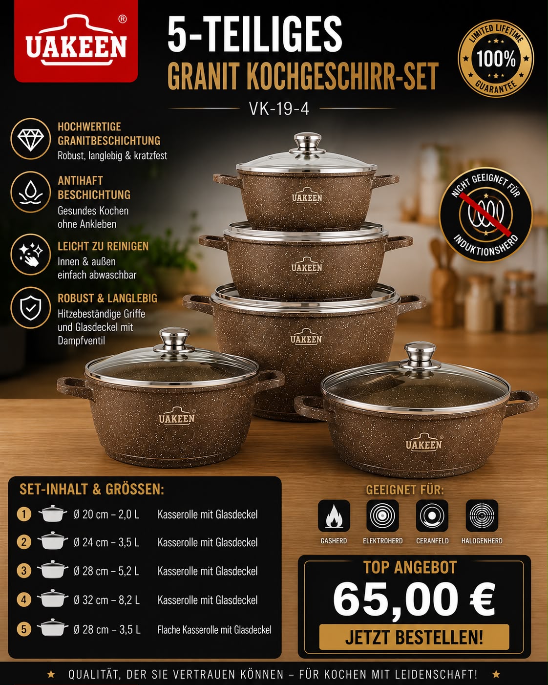 UAKEEN Premium Granit Kochgeschirr-Set – 10-teilig
