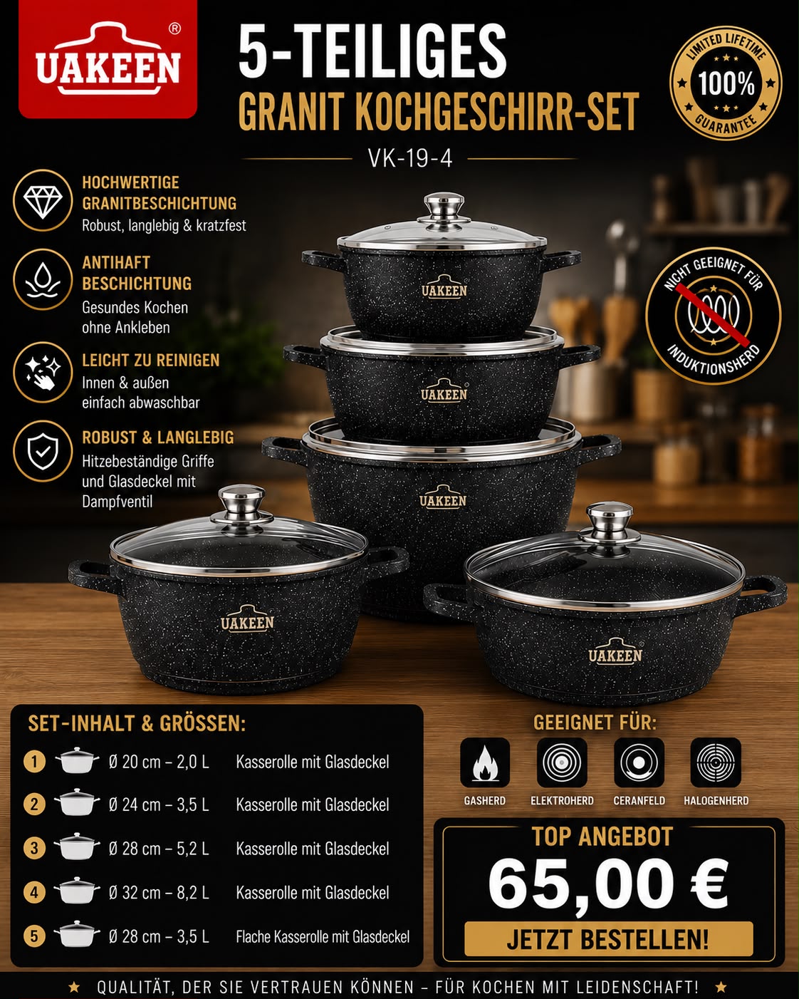 UAKEEN Premium Granit Kochgeschirr-Set – 10-teilig