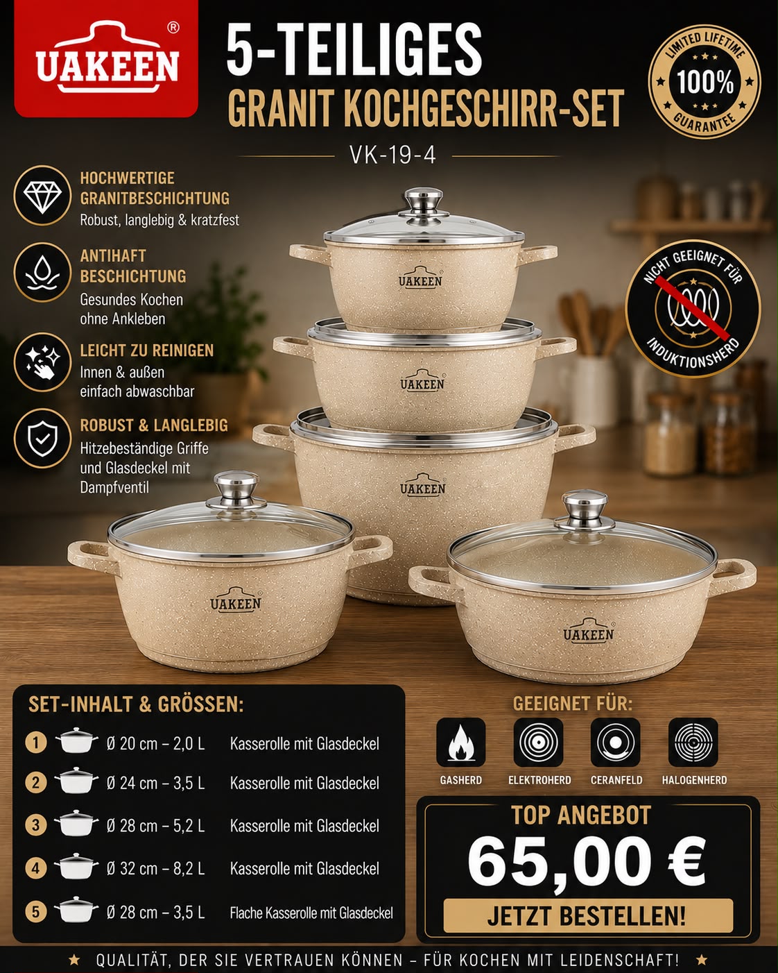 UAKEEN Premium Granit Kochgeschirr-Set – 10-teilig