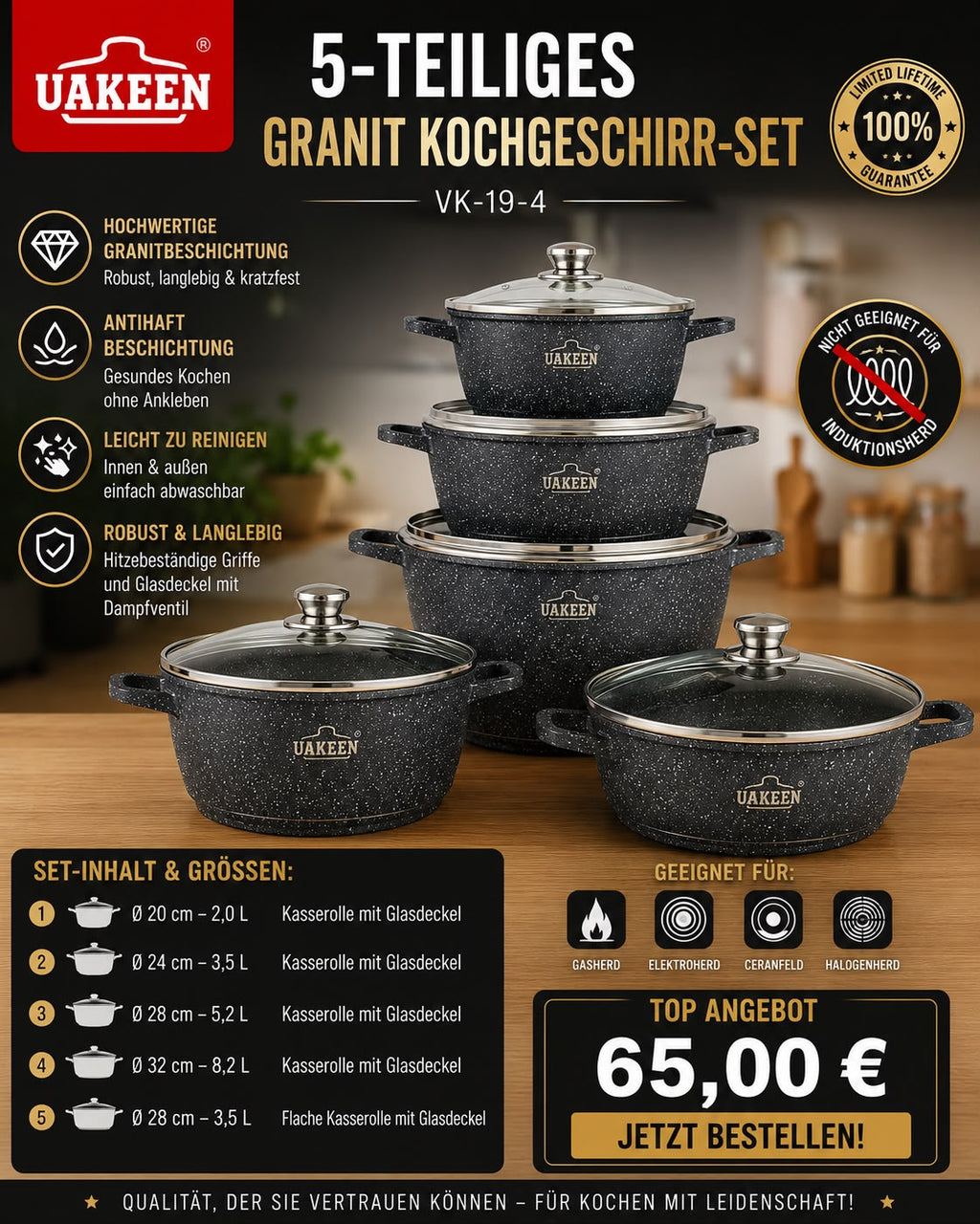 UAKEEN Premium Granit Kochgeschirr-Set – 10-teilig