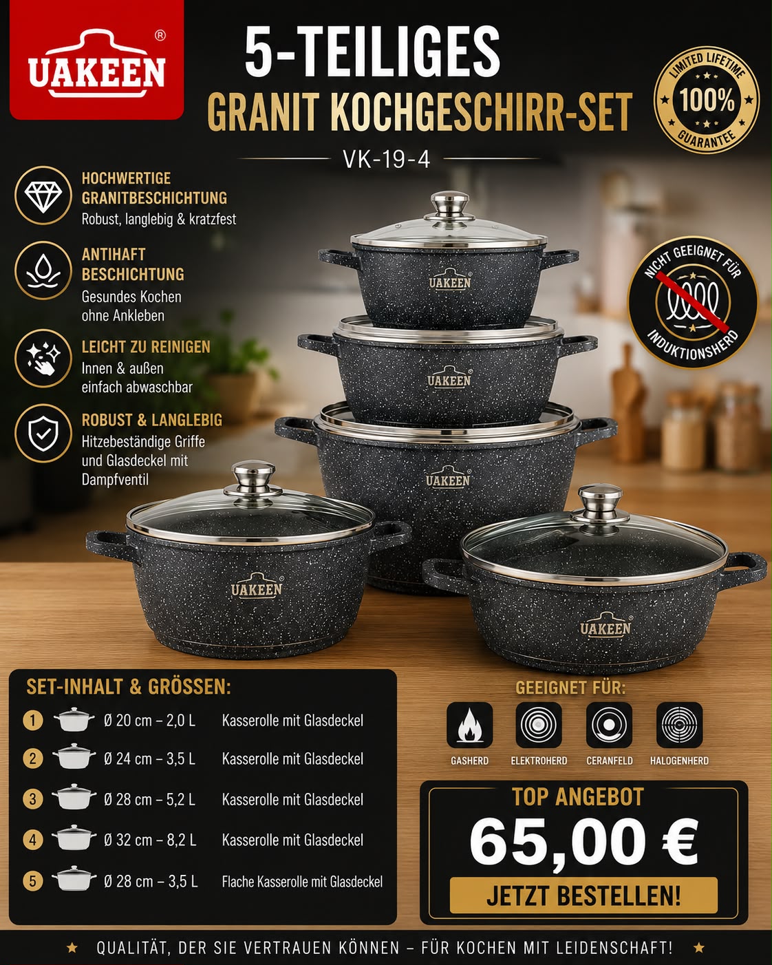 UAKEEN Premium Granit Kochgeschirr-Set – 10-teilig