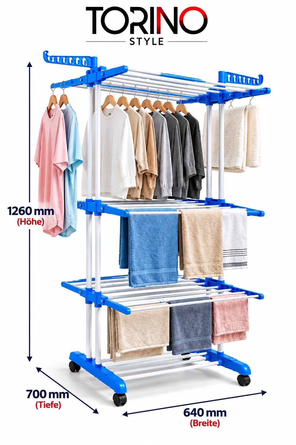 TORINO STYLE Wäscheständer in Blau, 126 × 70 × 64 cm